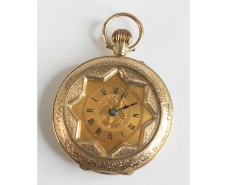 A lady's 12ct gold open faced pocket watch, having finely engraved case, gilded Roman dial and keyless movement, 25g, dia.34m