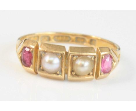 A 15ct yellow gold, ruby and pearl dress ring, comprising two oval rubies and two 3.85mm cultured pearls in square settings, 