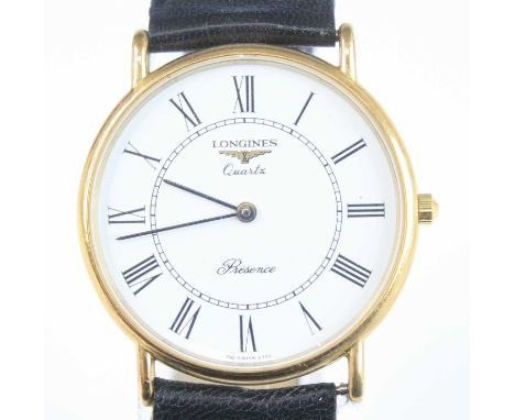 A gent’s Longines Presence gold plated quartz wristwatch, having signed white enamelled dial with Roman numerals, the steel b