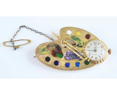 A yellow metal and enamel palette brooch, with inset Vaconten manual wind wristwatch, having a signed silvered dial, the watc