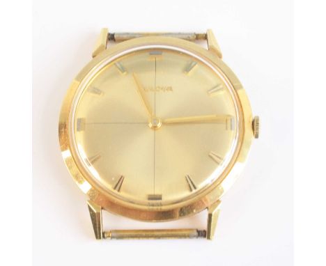 An 18ct yellow gold Bulova manual wind wristwatch, having round gilt baton dial, case dia.36mm, case numbered 441, 17-jewel m