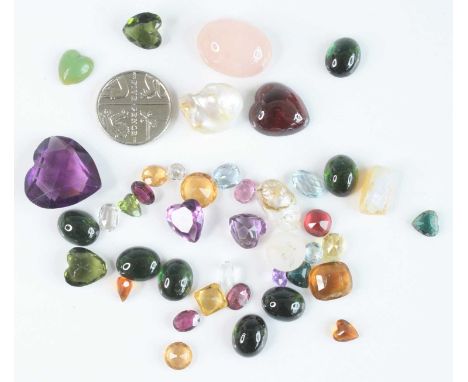 Assorted cut gemstones, to include a number of heart shaped examples including amethyst, loose round and princess cut citrine