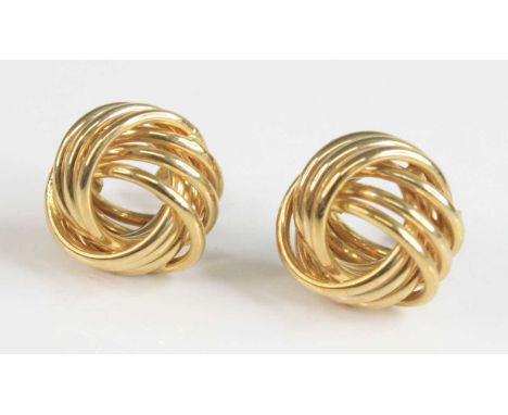 A pair of modern 9ct gold earrings, each fashioned as a ball of wool, with gold backs, 4.2g, dia.16mm