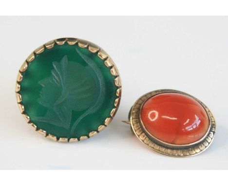 A yellow metal and chrysoprase fob seal, the chrysoprase carved in relief with profile portrait of a young woman, tests as ap