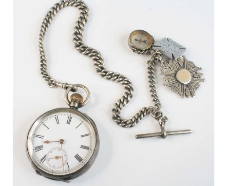 A circa 1900 gent's continental silver cased open faced pocket watch, having an unsigned white enamel Roman dial, keyless mov