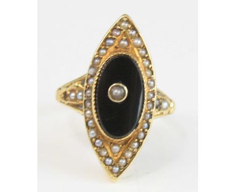 A yellow metal, pearl and enamel navette cluster ring, featuring a centre oval 11.69 x 6.6mm black onyx panel with a 3mm pear