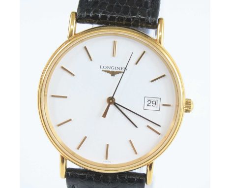 A Longines gent's gold plated quartz dress watch, having a signed white enamel dial with baton markers and date aperture, the