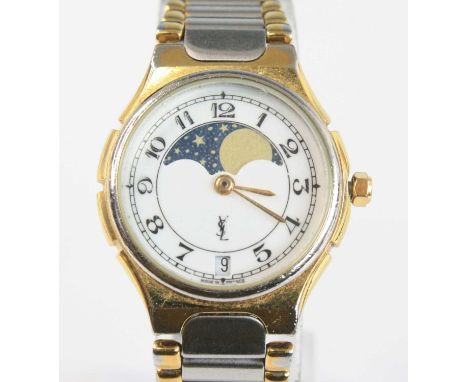 A lady's Yves St Laurent steel and gold plated quartz wristwatch, having a signed white enamel dial with rolling moonphase, t