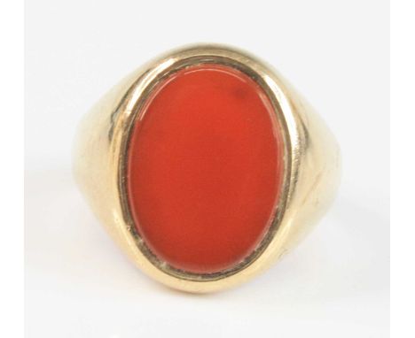 A 9ct yellow gold oval carnelian signet ring, the carnelian measuring approx 16 x 11.8mm, size Q, gross weight 10.3g, hallmar