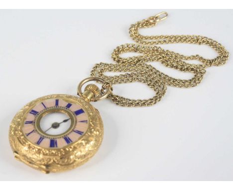 A lady's yellow metal half hunter fob watch, comprising a round white Roman dial with an engraved scrollwork case with centra