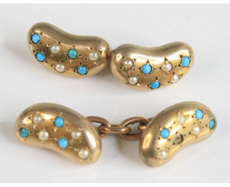 A pair of early 20th century 9ct gold, turquoise and seed pearl set 'coffee bean' cufflinks, 7.4g, 14 x 8mm, in fitted case f