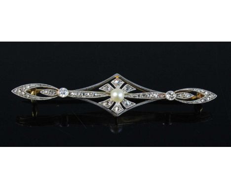 A yellow and white metal, pearl and diamond bar brooch, featuring a centre 3.5mm cultured pearl within an openwork panel grai