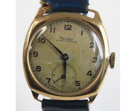 A gents Rotary Super-Sports 9ct gold cased vintage wrist watch having a signed silver Arabic dial (badly discoloured), subsid