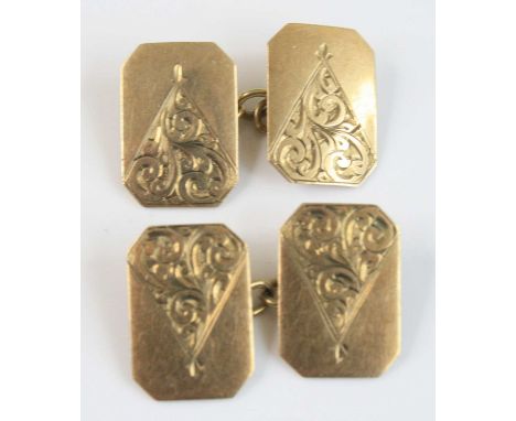 A pair of gent's gold cufflinks, of usual rectangular form with engraved decoration and canted corners, 4g, sponsor HG&amp;S,