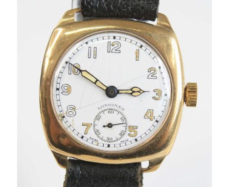 A vintage gents Longines 9ct gold cased wrist watch having signed white enamel dial with luminous Arabic markers and hands, s