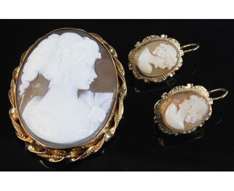 A carved shell cameo brooch depicting a profile portrait of a maiden, 43 x 32mm, in yellow metal mount with ropetwist border,