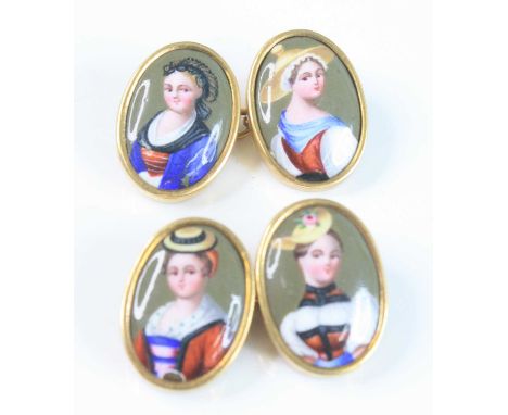 A pair of continental yellow metal and enamel cufflinks, each oval panel enamel decorated with a bust portrait of a young wom