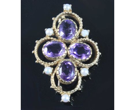 A 9ct yellow gold, amethyst and pearl brooch, featuring a quatrefoil of oval faceted amethysts interspersed with six 3.1mm cu