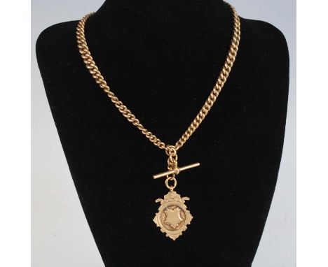 A 9ct gold curblink double watch chain, having two lobster claw clasps, one Albert, and a 9ct gold shield pendant, gross weig