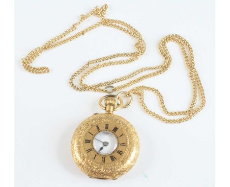 A continental lady's 18ct gold half hunter pocket watch, having a finely engraved case, white enamel Roman dial, the gold inn