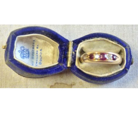Classic 18ct gold, diamond and ruby ring, Birmingham 1916, in the original box, Monk Brothers, Bolton
