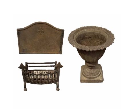 A Coalbrookdale-type iron campana urn or planter, with a cast fluted body mounted on a square pedestal base, 52 high, 44cm di