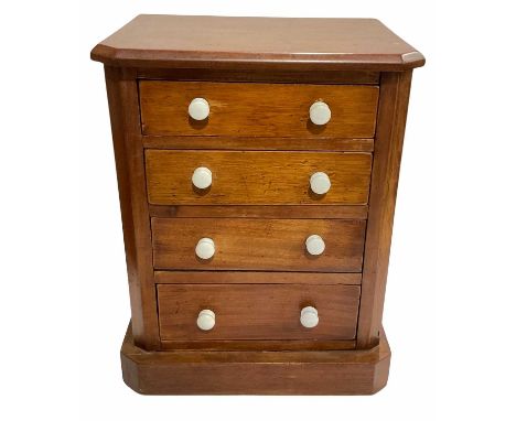 An apprentice piece small set of four drawers, chamfered front with ceramic handles, H-40cm, W-31.5cm, D-20.5cm