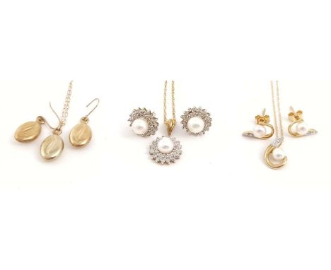Three sets of jewellery, to include two diamond and cultured pearl sets and a set of coffee bean design, most with hallmarks 