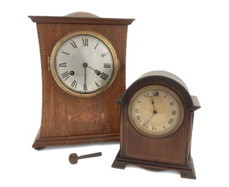 A mantel clock, parquetry case with a silvered dial and Roman numeral indices, 31cm high, together with a Geo. H. Webb. Ltd, 