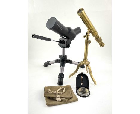 A Vanguard VSF-55 spotting scope and Vanguard VS-83 tripod in a fitted hard case together with a fabric travel bag, a brass c