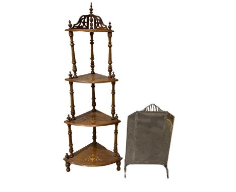 A late Victorian walnut four-tier corner whatnot, with spiral turned columns, the panels inlaid with classical urns and scrol