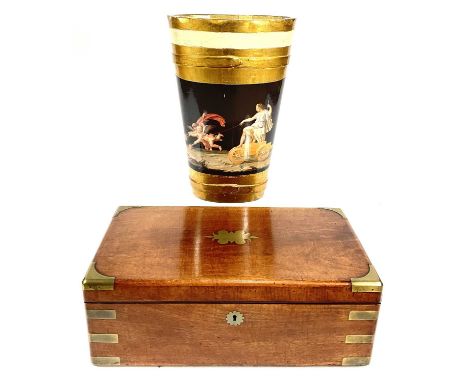 A 19th century brass bound and inlaid hardwood writing slope, width 49 cm, depth 27cm, height 18cm, together with a gilt stic
