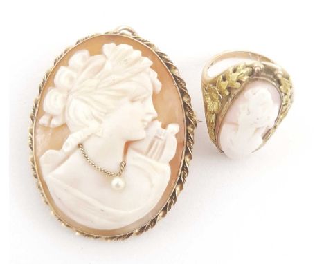 A shell cameo ring and a 9ct gold shell cameo pendant brooch, ring stamped 10K, pendant brooch with hallmarks for Birmingham,