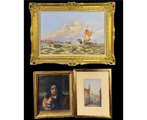K. Douglas, a coastal scene with sailing ships and windmill, signed l.l., oil on canvas, 39.5 by 59.5cm, a 19th century stree