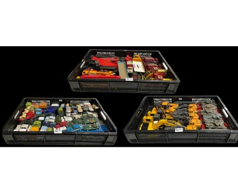 A large collection of unboxed Corgi diecast vehicles including various Volvo diggers, Army tanks, cars and other transport ve