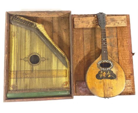 A 19th century lap harpsichord Guitar, hand painted decorative surround, 55cm long, 40cm wide, in box with a mandolin guitar 