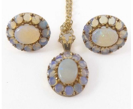 A 9ct gold opal cluster necklace and a pair of earrings