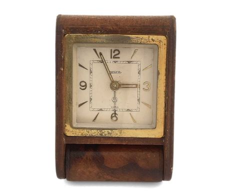 Jaeger-LeCoultre Travel Alarm Clock, in leather case, 9.5 by 6cm