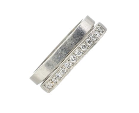 A platinum brilliant-cut diamond half eternity ring, together with a platinum wedding band ring, estimated total diamond weig