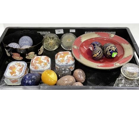 Blue and white Victorian carpet bowls, c.1860, a large collection of paperweights including a set of three egg shaped blue ca
