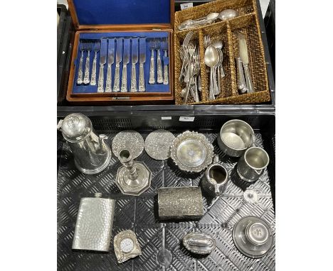 A wooden canteen of silver plate cutlery, a collection of assorted flatware including apostle teaspoons, and a collection of 
