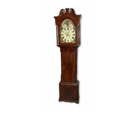 A strung mahogany longcase clock, c.1800, broken swan neck pediment with plinth and brass roundels, arched architrave support