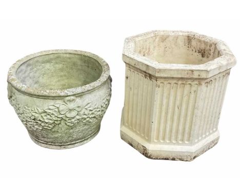 An octagonal planter with fluting on each side and a round floral planter, largest approx 40cm high, 42cm wide (2)
