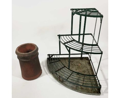 A green-painted metal corner garden etagere or tiered plant stand with three graduated tiers and splash tray, 75cm high, 86cm