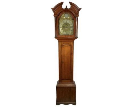 Henry Warburton: An oak George III longcase clock, broken arched swan neck pediment with meandering dentil, plane frieze, pla