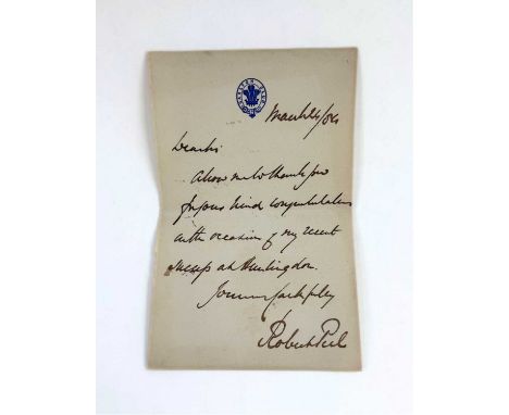 Sir Robert Peel, 3rd Baronet (1822-1895), a hand-signed letter, March 24th 1884, expressing his gratitude to a friend for the