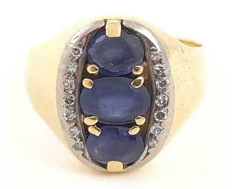 A gold mid 20th century gold sapphire and single-cut diamond signet ring, hallmarks worn, ring size R, 10.9g