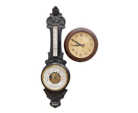 Smith brown 8-day bakelite wall clock, approx 29cm diameter with an asteroid barometer in an ebonised wood, 86cm long (2)