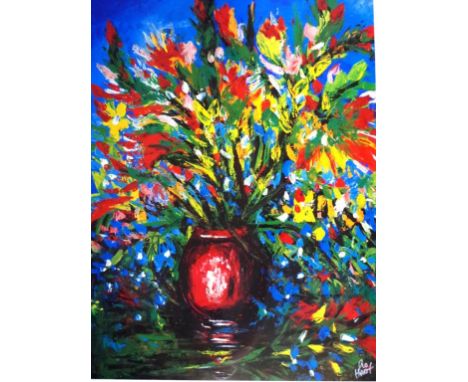 Pro Hart, Flowers in red vase, Print