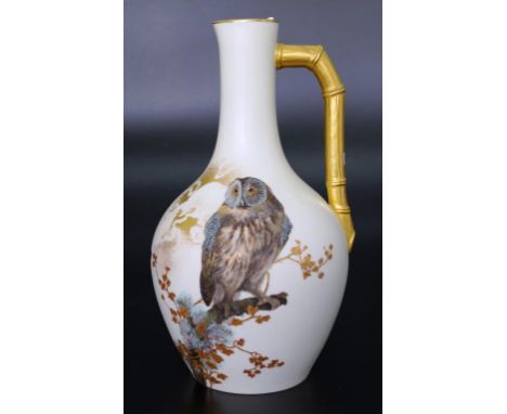 Royal Worcester ivory handpainted ewer with bamboo form handle, year for 1885, decorated with Barn Owl, with moon lit sky, 26